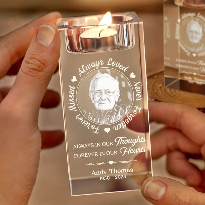 Custom Photo Your Love Leaves A Memory - Memorial Personalized Custom 3D Crystal Photo Laser Engraved, Crystal Candle Holder - Sympathy Gift For Family Members