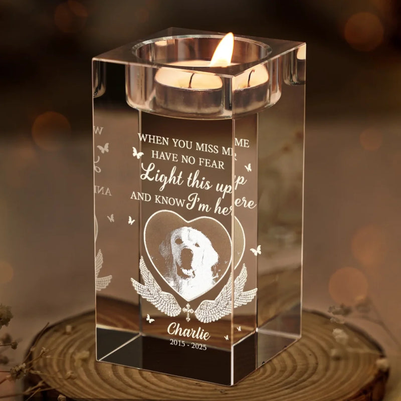 Custom Photo Love Never Leaves, It Lights Up Forever - Memorial Personalized Custom 3D Crystal Photo Laser Engraved, Crystal Candle Holder - Sympathy Gift For Pet Owners, Pet Lovers