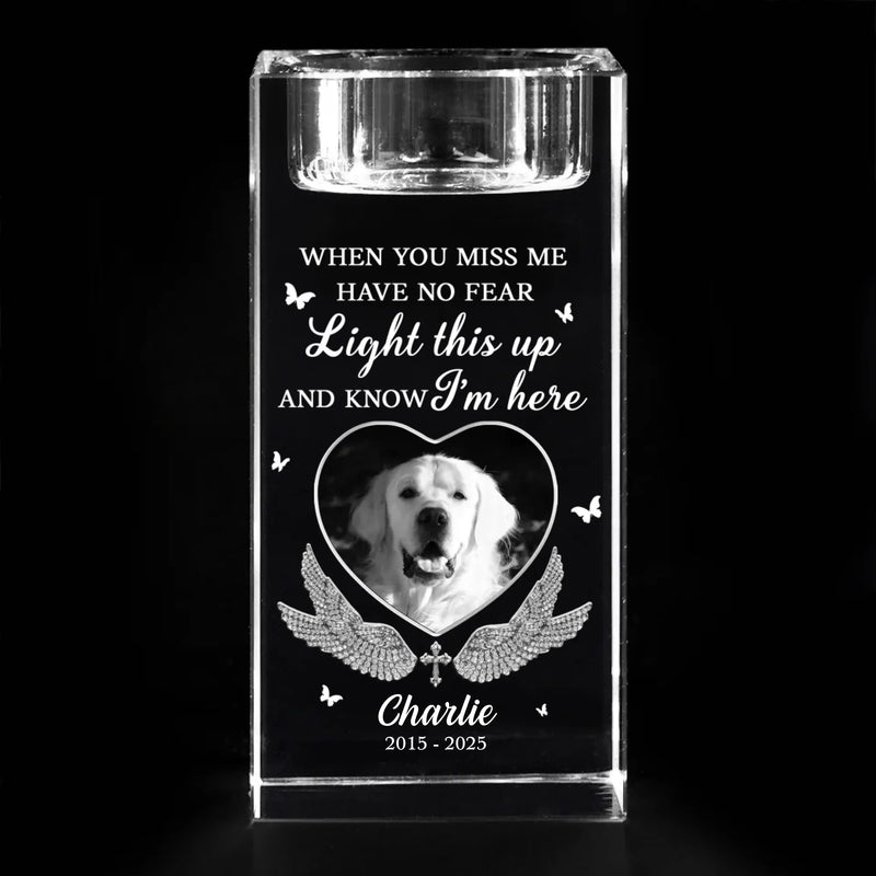 Custom Photo Love Never Leaves, It Lights Up Forever - Memorial Personalized Custom 3D Crystal Photo Laser Engraved, Crystal Candle Holder - Sympathy Gift For Pet Owners, Pet Lovers