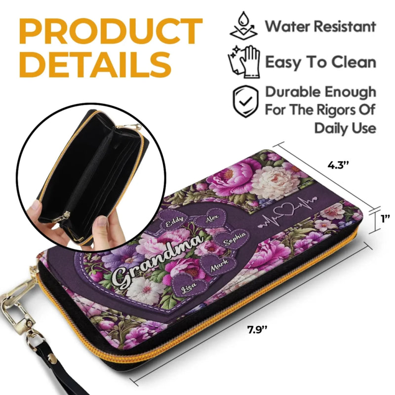 Grandma’s Heart, Where Love Always Blooms - Family Personalized Custom Leather Long Wallet - Mother's Day, Gift For Mom, Grandma