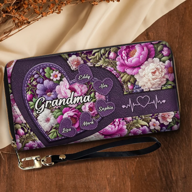 Grandma’s Heart, Where Love Always Blooms - Family Personalized Custom Leather Long Wallet - Mother's Day, Gift For Mom, Grandma