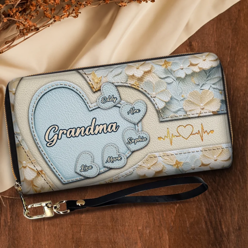 Held In Her Heart, Loved For A Lifetime - Family Personalized Custom Leather Long Wallet - Mother's Day, Gift For Mom, Grandma
