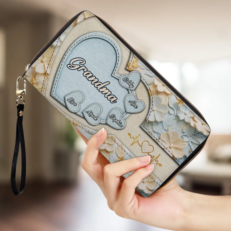Held In Her Heart, Loved For A Lifetime - Family Personalized Custom Leather Long Wallet - Mother's Day, Gift For Mom, Grandma