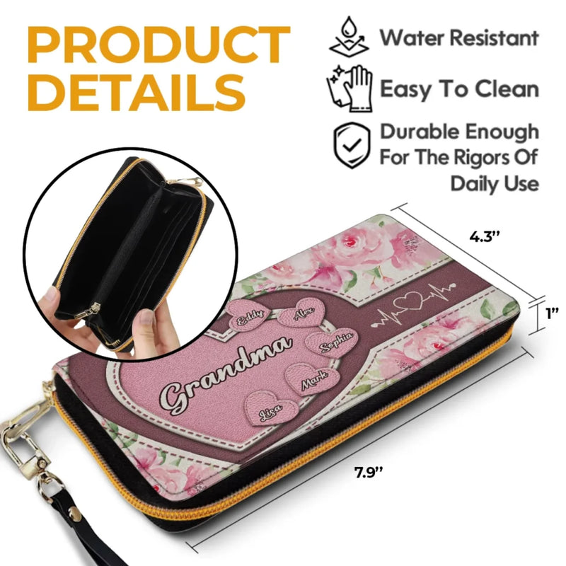 Wrapped In Grandma’s Heartstrings - Family Personalized Custom Leather Long Wallet - Mother's Day, Gift For Mom, Grandma
