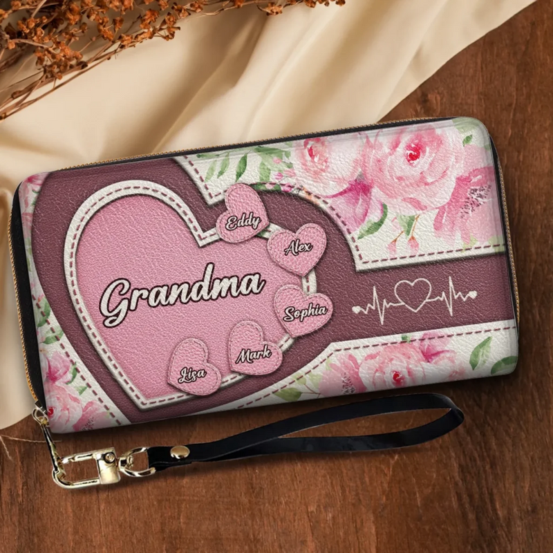 Wrapped In Grandma’s Heartstrings - Family Personalized Custom Leather Long Wallet - Mother's Day, Gift For Mom, Grandma