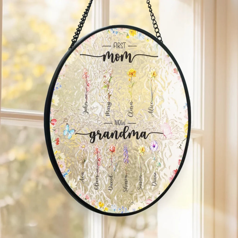 From Mom To Grandma, Love In Full Bloom - Family Personalized Custom Stained Glass Window Hanging Suncatcher - Mother's Day, Gift For Mom, Grandma