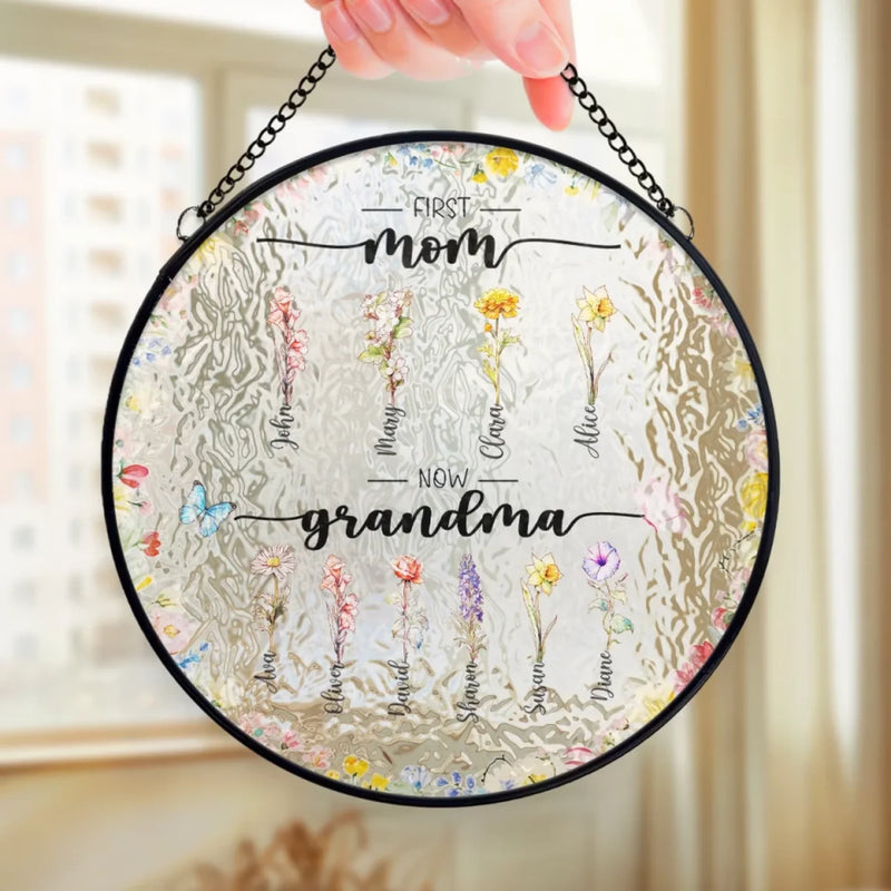From Mom To Grandma, Love In Full Bloom - Family Personalized Custom Stained Glass Window Hanging Suncatcher - Mother's Day, Gift For Mom, Grandma