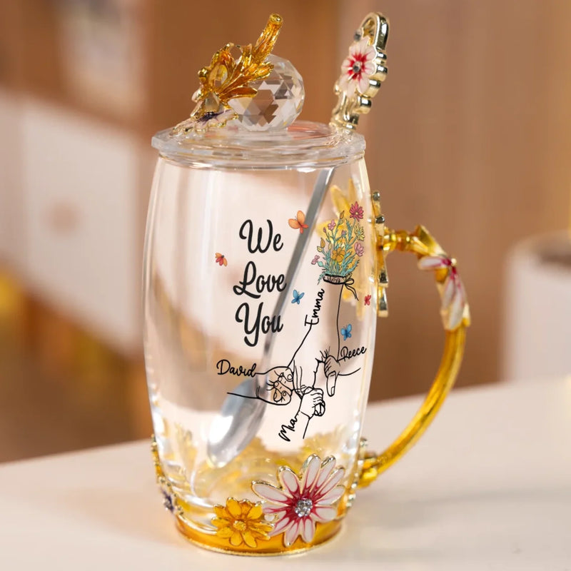 Holding Onto Love - Family Personalized Custom Enamel Flower Tea Cup With Lid & Spoon - Mother's Day, Gift For Mom, Grandma