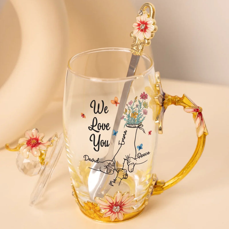 Holding Onto Love - Family Personalized Custom Enamel Flower Tea Cup With Lid & Spoon - Mother's Day, Gift For Mom, Grandma