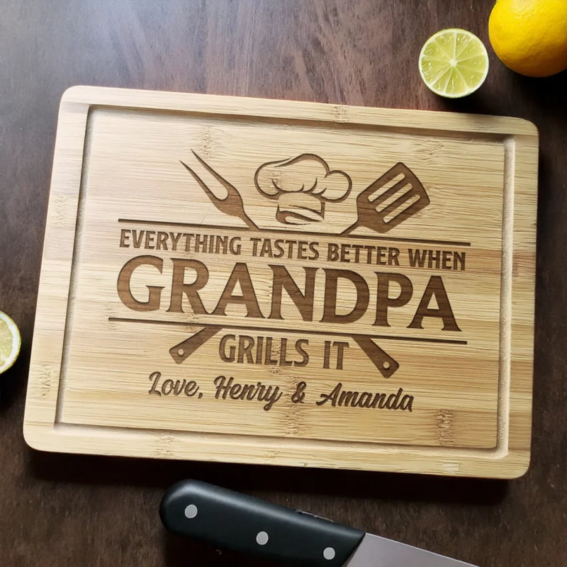 Everything Tastes Better When Grandpa Grills It - Family Personalized Custom Engraved Wooden Cutting Board - Father's Day, Gift For Dad, Grandpa