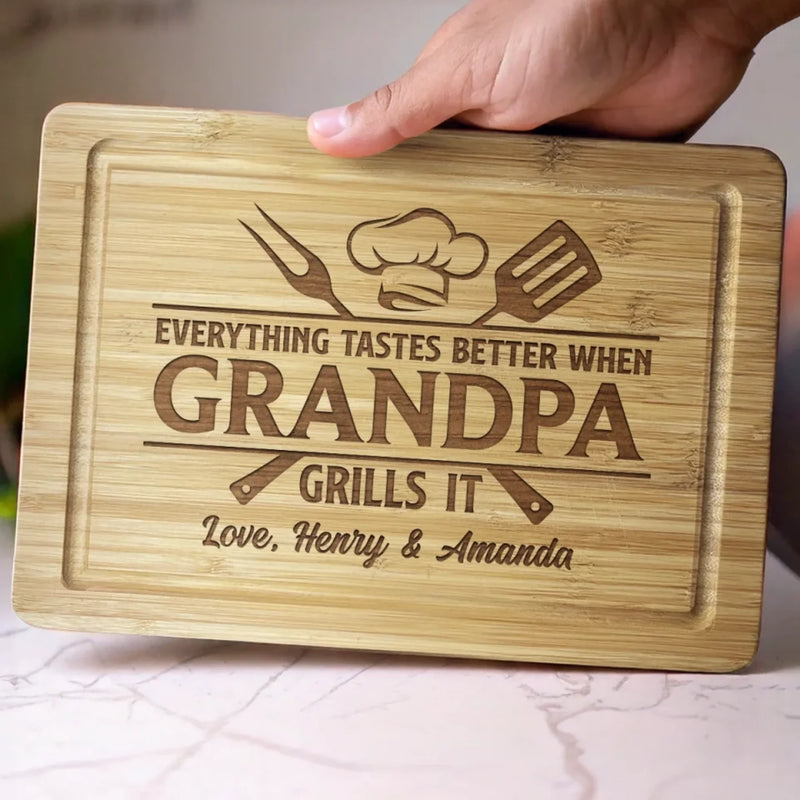 Everything Tastes Better When Grandpa Grills It - Family Personalized Custom Engraved Wooden Cutting Board - Father's Day, Gift For Dad, Grandpa