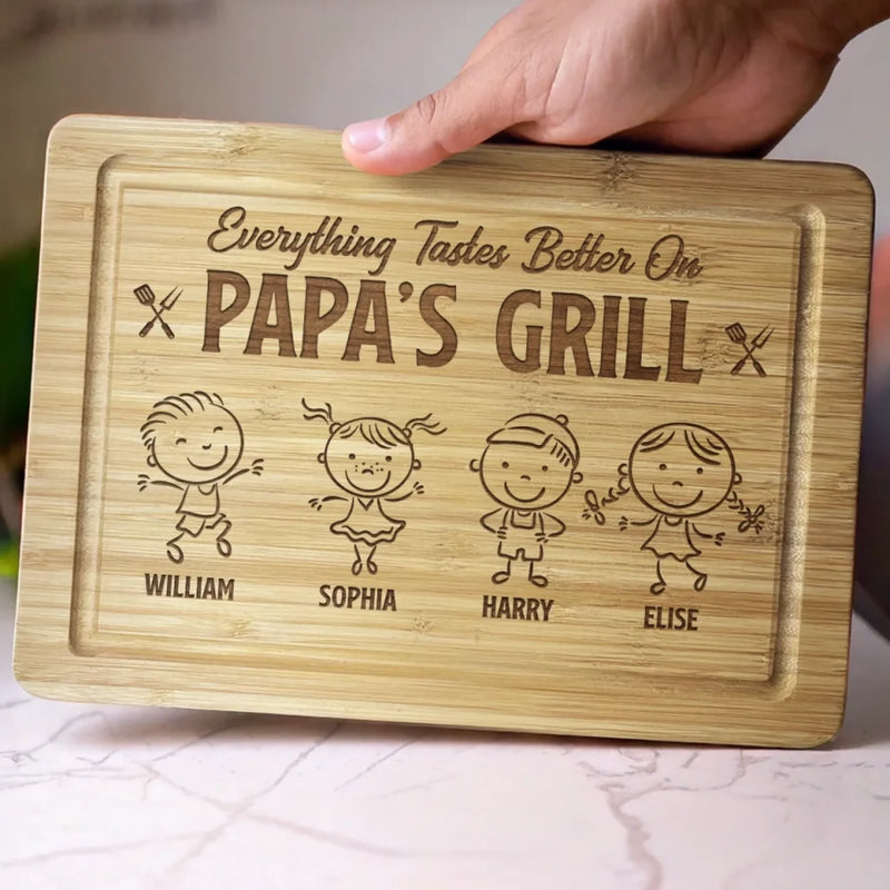 Everything Tastes Better On Papa's Grill - Family Personalized Custom Engraved Wooden Cutting Board - Father's Day, Gift For Dad, Grandpa