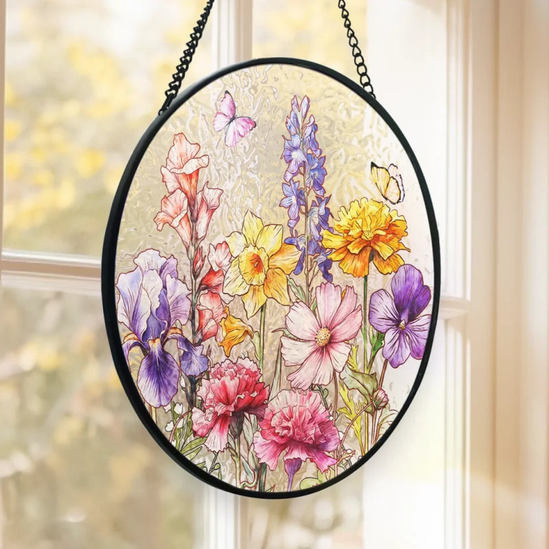 Her Love Blooms In Every Season - Family Personalized Custom Stained Glass Window Hanging Suncatcher - Mother's Day, Gift For Mom, Grandma