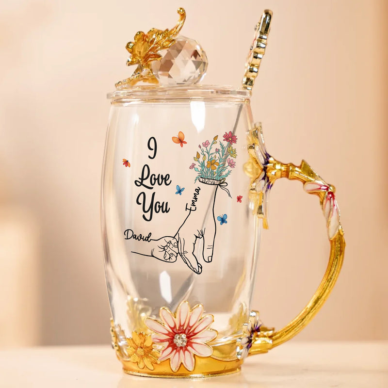 Holding Onto Love - Family Personalized Custom Enamel Flower Tea Cup With Lid & Spoon - Mother's Day, Gift For Mom, Grandma