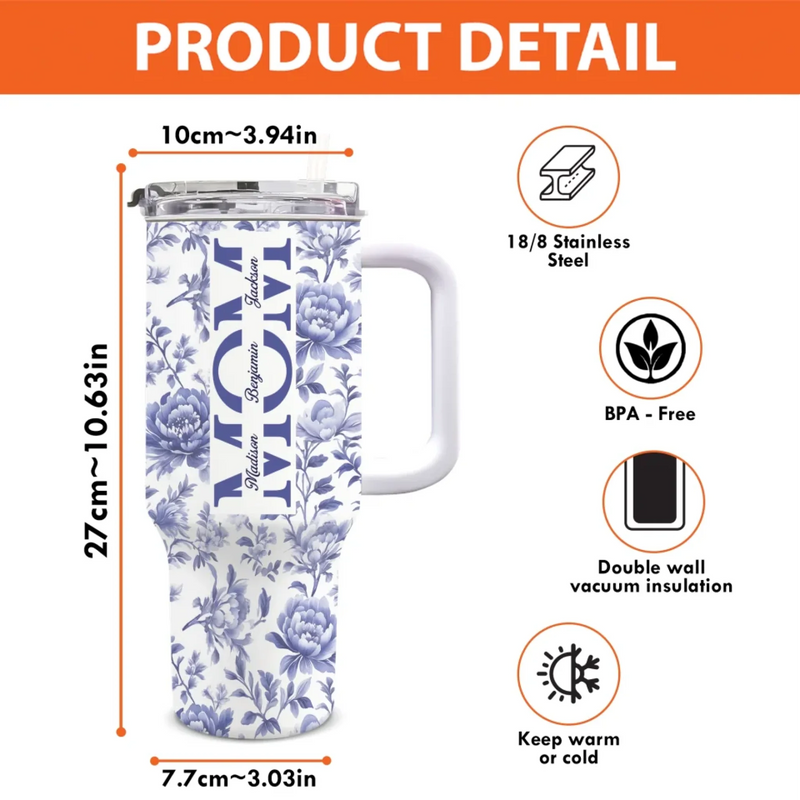 Mom, A Name Woven In Petals And Love - Family Personalized Custom 40 Oz Stainless Steel Tumbler With Handle - Mother's Day, Gift For Mom, Grandma