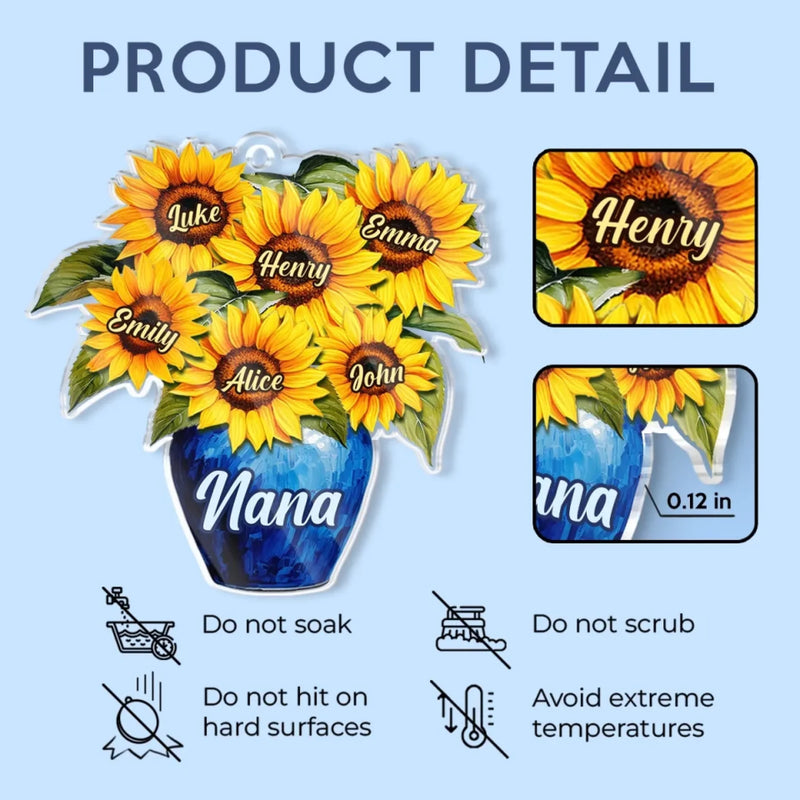 Sunflowers And Love For Mom - Family Personalized Custom Car Ornament - Acrylic Custom Shaped - Mother's Day, Gift For Mom, Grandma