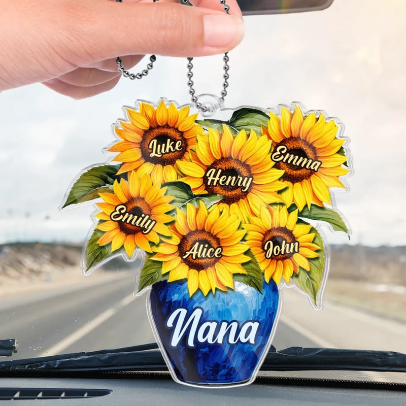 Sunflowers And Love For Mom - Family Personalized Custom Car Ornament - Acrylic Custom Shaped - Mother's Day, Gift For Mom, Grandma