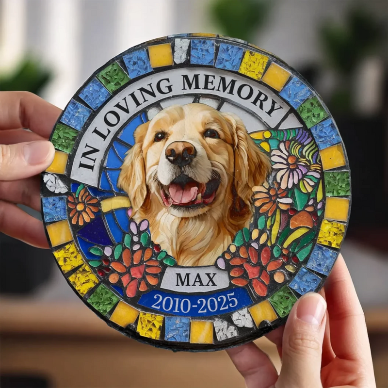 Custom Photo Never Out Of My Thoughts - Memorial Personalized Custom 3D Mosaic Faux Stained Glass Print Round Shaped Memorial Stone - Sympathy Gift For Pet Owners, Pet Lovers