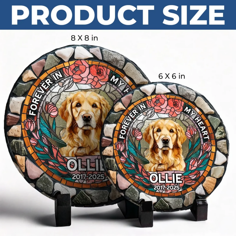 Custom Photo Forever In My Heart - Memorial Personalized Custom 3D Mosaic Faux Stained Glass Print Round Shaped Memorial Stone - Sympathy Gift For Pet Owners, Pet Lovers