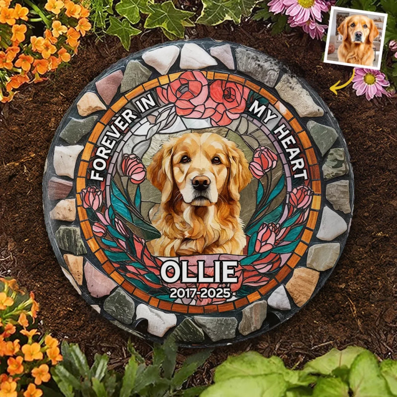 Custom Photo Forever In My Heart - Memorial Personalized Custom 3D Mosaic Faux Stained Glass Print Round Shaped Memorial Stone - Sympathy Gift For Pet Owners, Pet Lovers