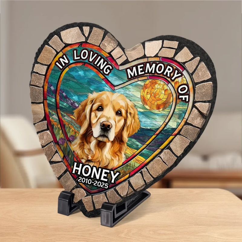 Custom Photo In Loving Memory Of - Memorial Personalized Custom 3D Mosaic Faux Stained Glass Print Heart Shaped Stone With Stand - Sympathy Gift For Pet Owners, Pet Lovers