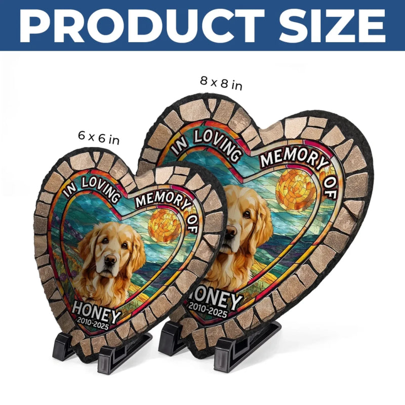 Custom Photo In Loving Memory Of - Memorial Personalized Custom 3D Mosaic Faux Stained Glass Print Heart Shaped Stone With Stand - Sympathy Gift For Pet Owners, Pet Lovers