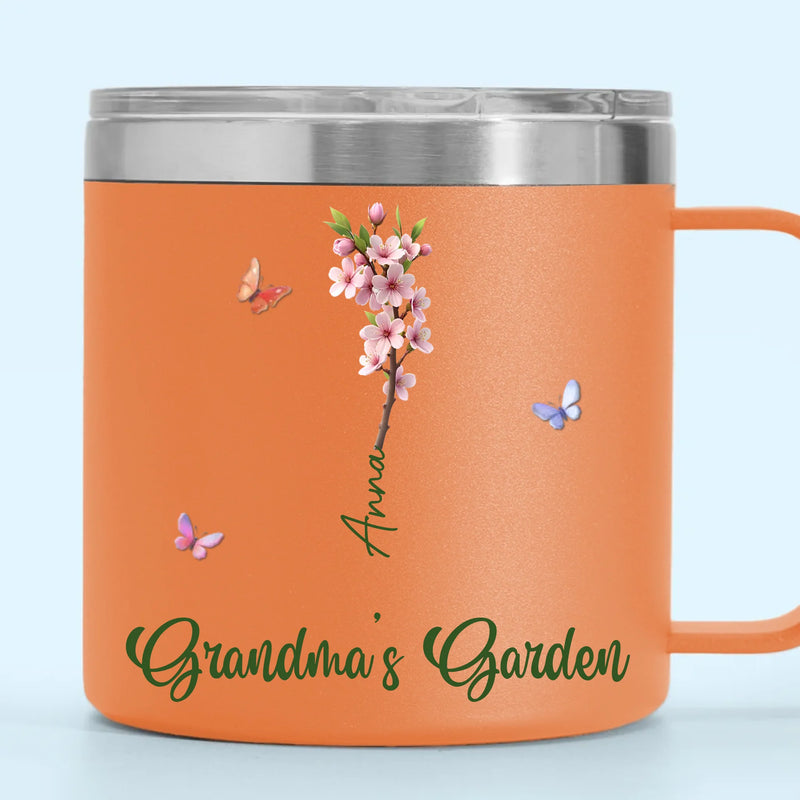Her Garden Grows With Laughter & Little Feet - Family Personalized Custom 14oz Stainless Steel Tumbler With Handle - Mother's Day, Gift For Mom, Grandma