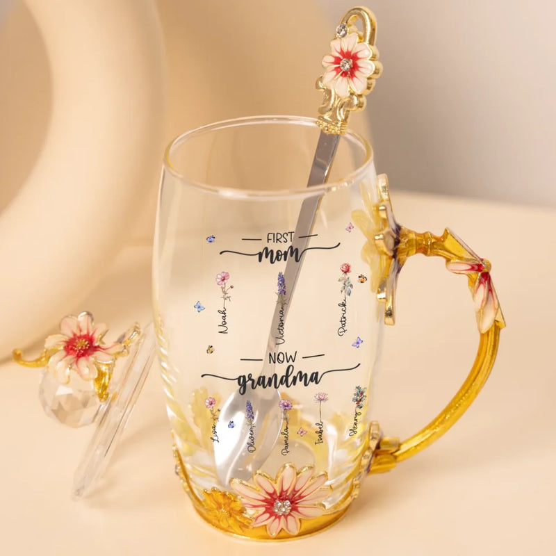 Love Blooms Across Generations - Family Personalized Custom Enamel Flower Tea Cup With Lid & Spoon - Mother's Day, Gift For Mom, Grandma
