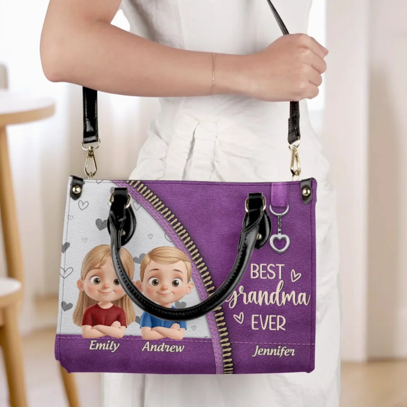 Happiness Is Being A Grandma - Family Personalized Custom Leather Handbag - Mother's Day, Gift For Mom, Grandma