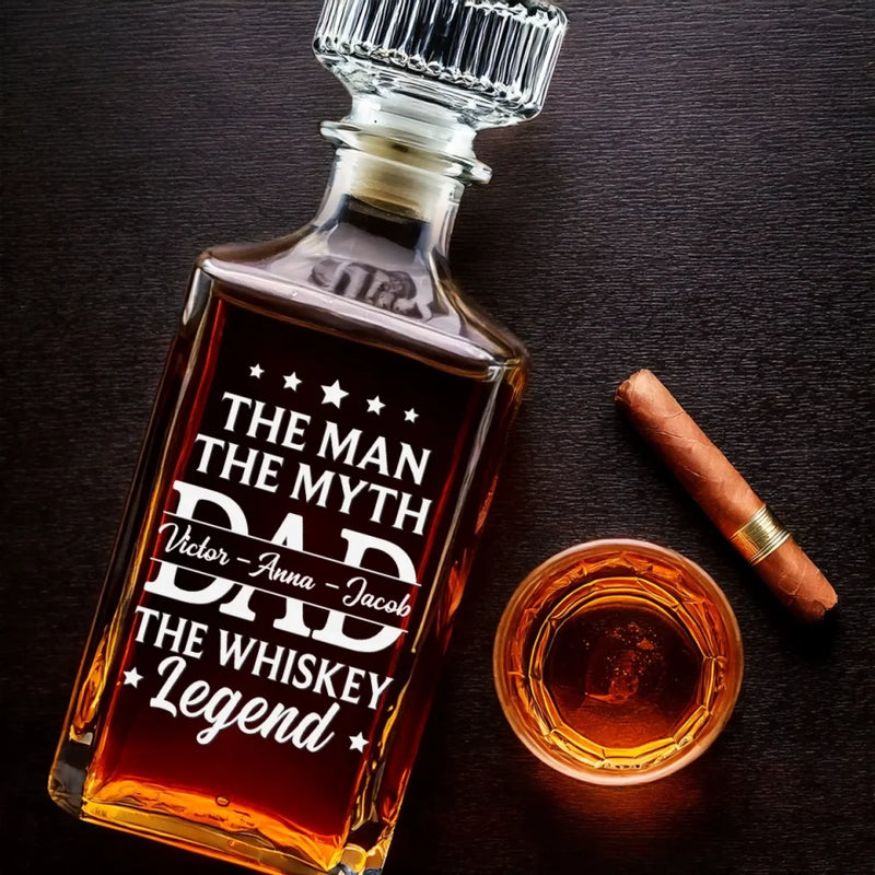 The Legend Lives In Every Sip - Family Personalized Custom Glass Whiskey Bottle - Father's Day, Gift For Dad, Grandpa