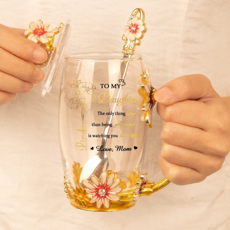 Every Step You Take Is A Mother's Pride - Family Personalized Custom Enamel Flower Tea Cup With Lid & Spoon - Mother's Day, Gift For Mom, Daughter