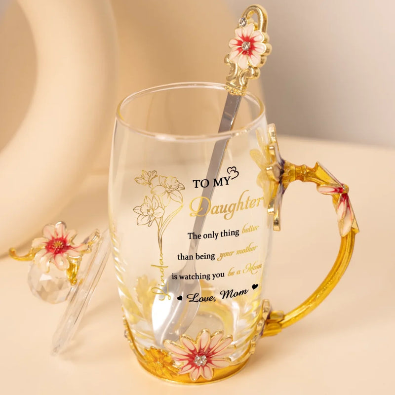Every Step You Take Is A Mother's Pride - Family Personalized Custom Enamel Flower Tea Cup With Lid & Spoon - Mother's Day, Gift For Mom, Daughter