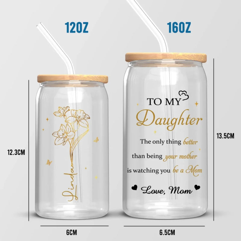 Her Love Blossoms Endlessly - Family Personalized Custom Glass Cup, Iced Coffee Cup - Mother's Day, Gift For Mom, Daughter
