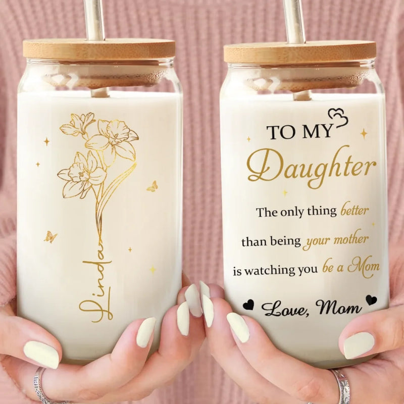 Her Love Blossoms Endlessly - Family Personalized Custom Glass Cup, Iced Coffee Cup - Mother's Day, Gift For Mom, Daughter