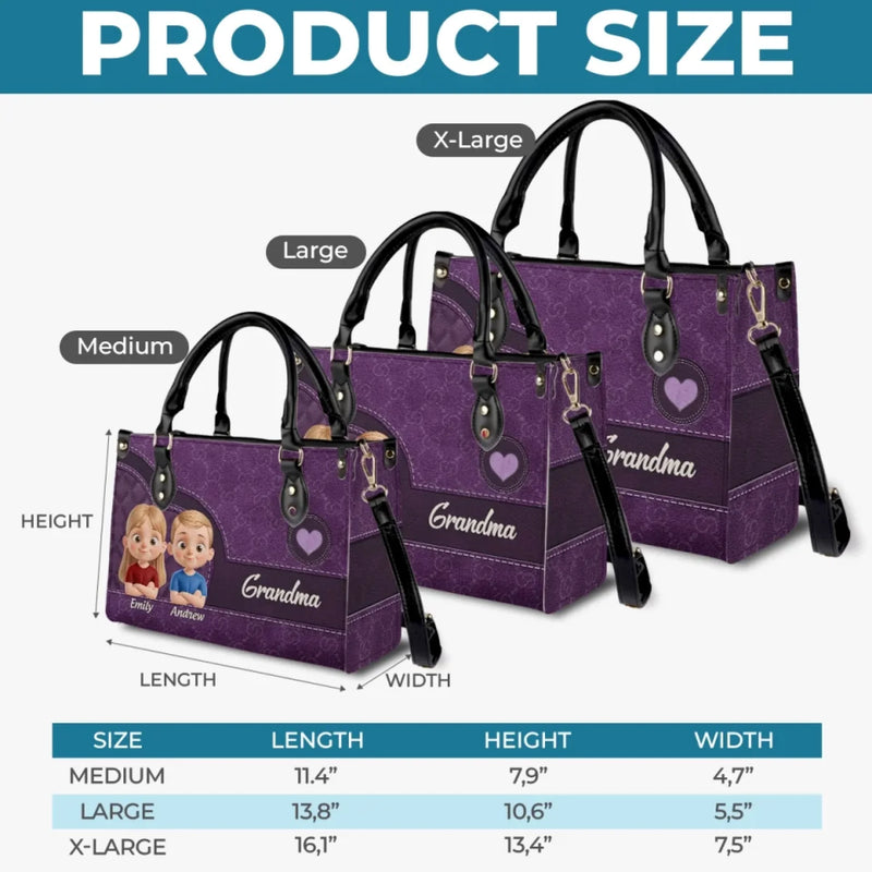 Love You, Grandma - Family Personalized Custom Leather Handbag - Mother's Day, Gift For Mom, Grandma