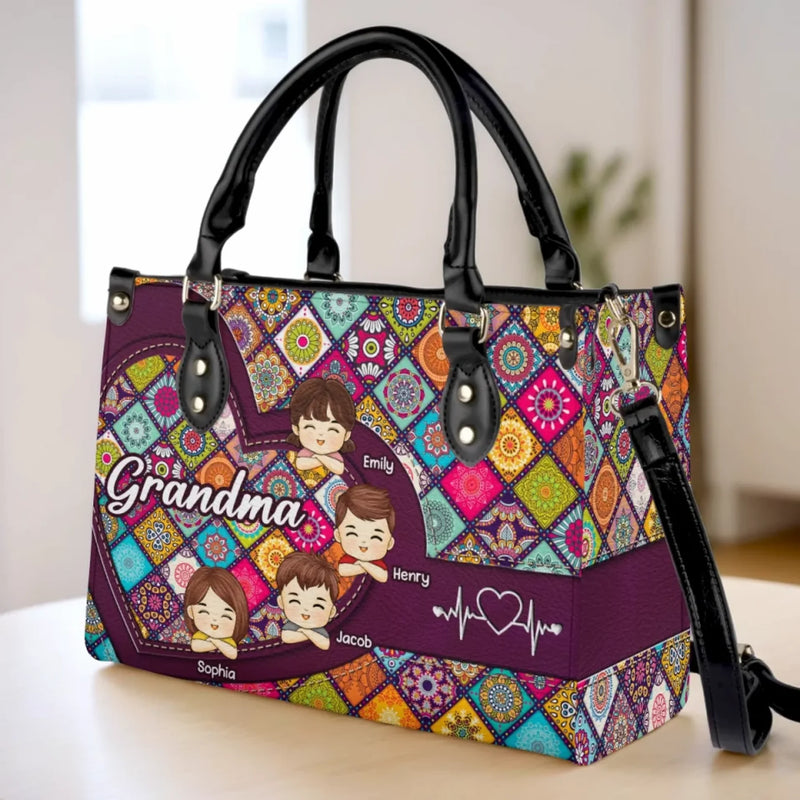 Love, Laughter, And Grandma - Family Personalized Custom Leather Handbag - Mother's Day, Gift For Mom, Grandma