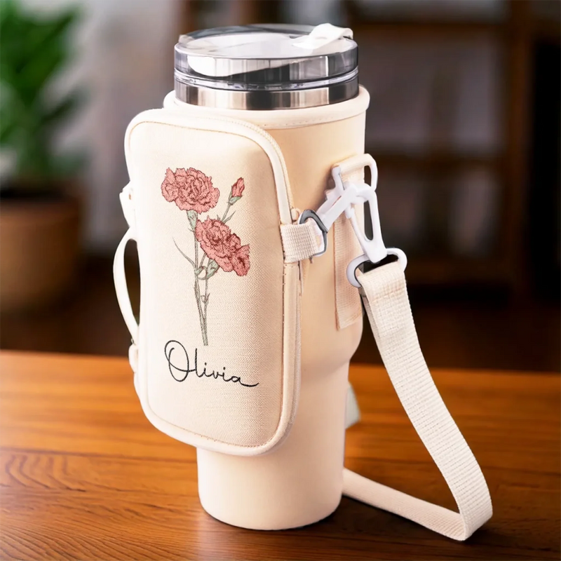 Grow Strong, Flourish Like A Flower - Family Personalized Custom Neoprene Water Bottle Carrier With Pocket - Gift For Yourself, Best Friends, Siblings, Family Members