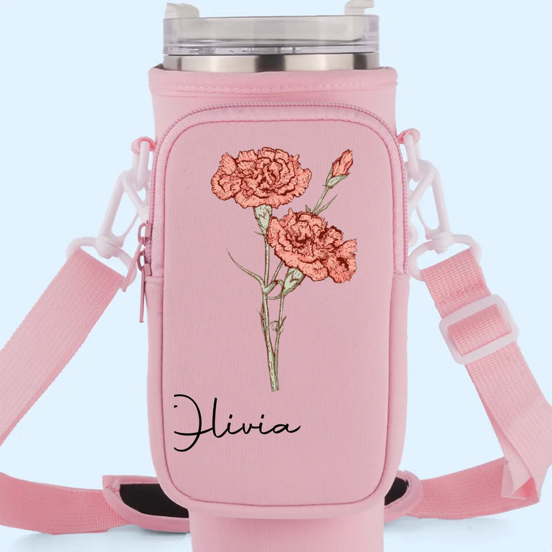 Grow Strong, Flourish Like A Flower - Family Personalized Custom Neoprene Water Bottle Carrier With Pocket - Gift For Yourself, Best Friends, Siblings, Family Members