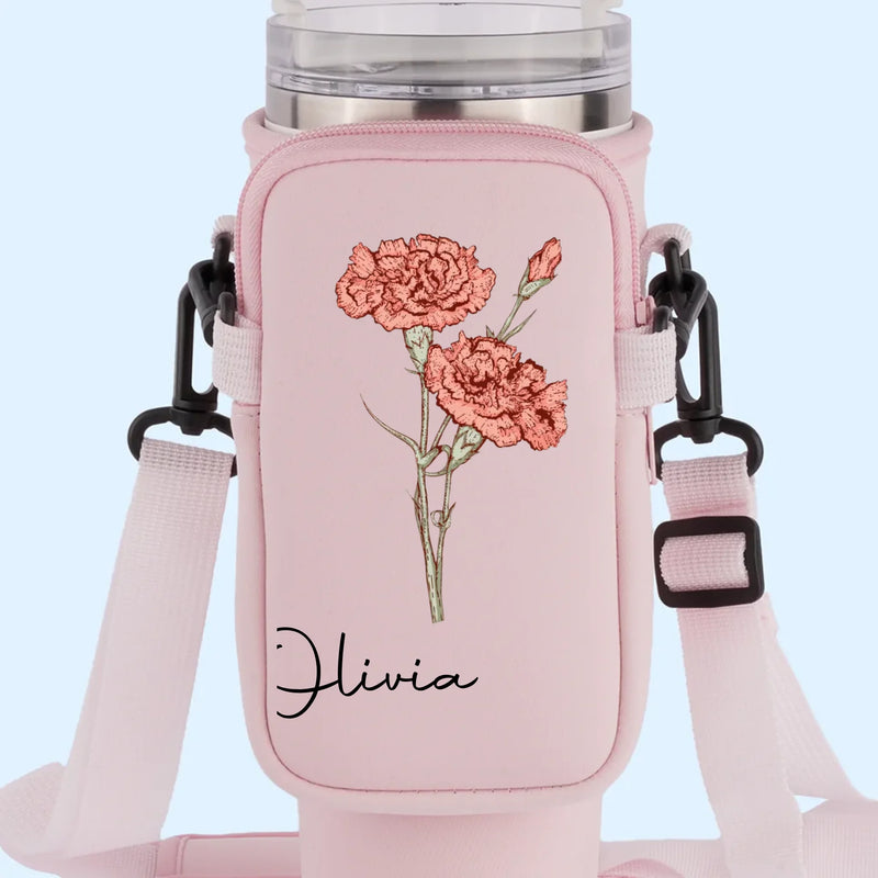 Grow Strong, Flourish Like A Flower - Family Personalized Custom Neoprene Water Bottle Carrier With Pocket - Gift For Yourself, Best Friends, Siblings, Family Members