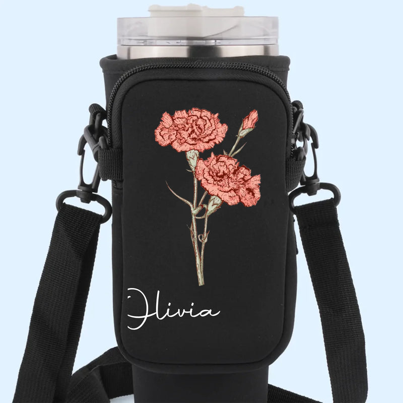 Grow Strong, Flourish Like A Flower - Family Personalized Custom Neoprene Water Bottle Carrier With Pocket - Gift For Yourself, Best Friends, Siblings, Family Members