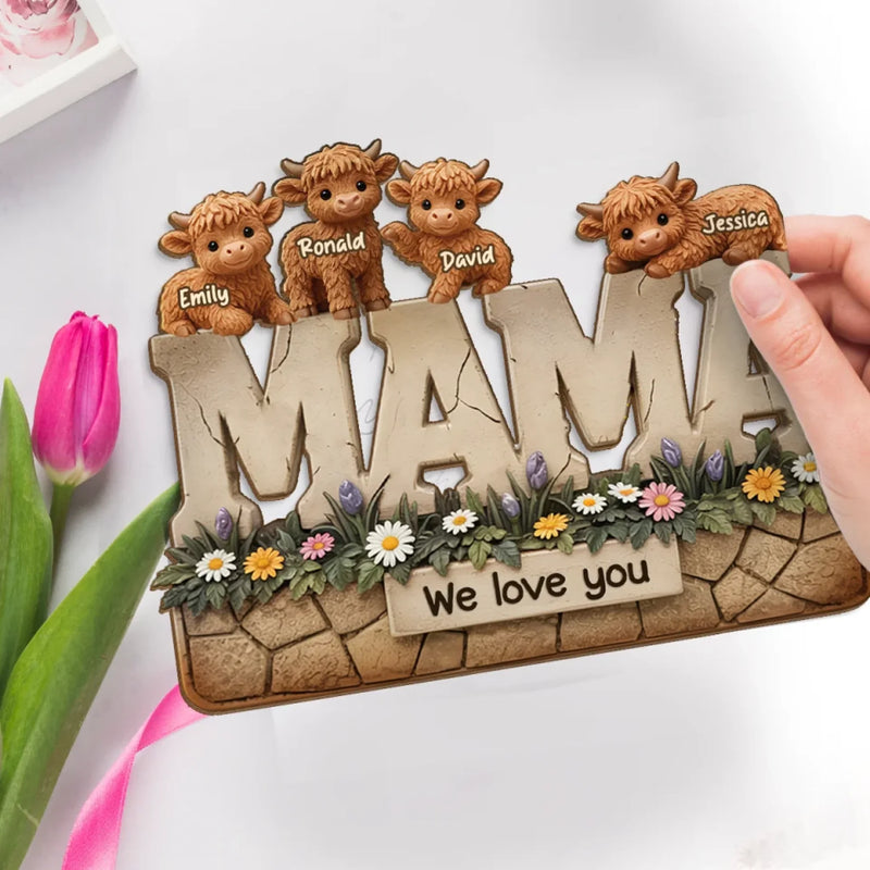 Moo-Made With Love - Family Personalized Custom Shaped 2-Layered Wooden Plaque With Flat Stand - Mother's Day, House Warming Gift For Mom