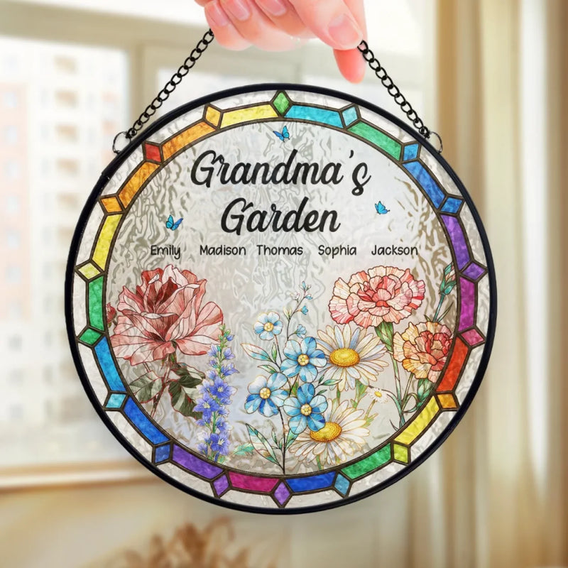 Grandma's Favorite Garden - Family Personalized Custom Stained Glass Window Hanging Suncatcher - Mother's Day, Gift For Mom, Grandma