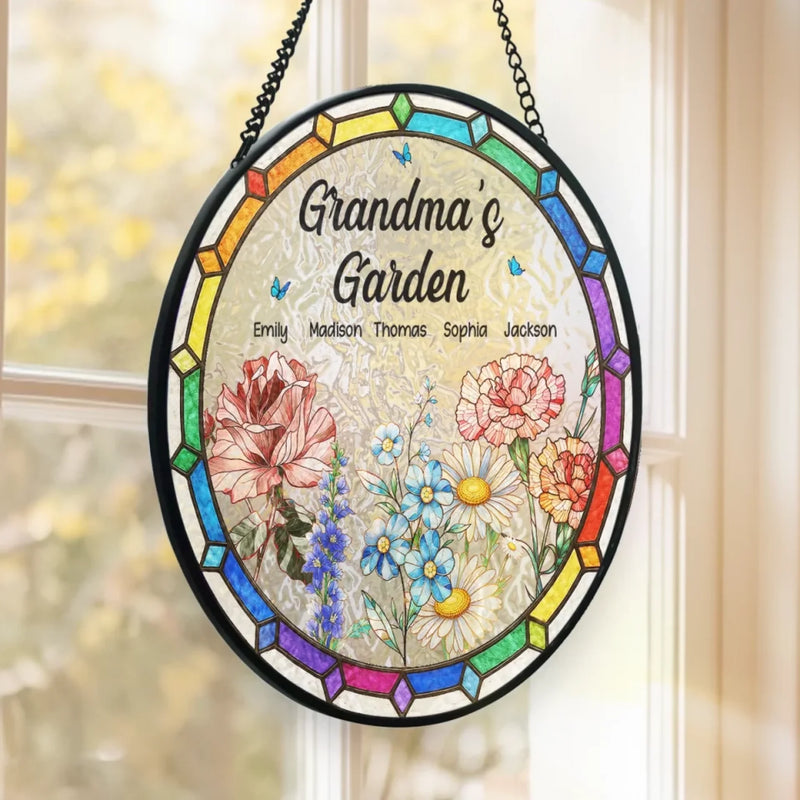 Grandma's Favorite Garden - Family Personalized Custom Stained Glass Window Hanging Suncatcher - Mother's Day, Gift For Mom, Grandma