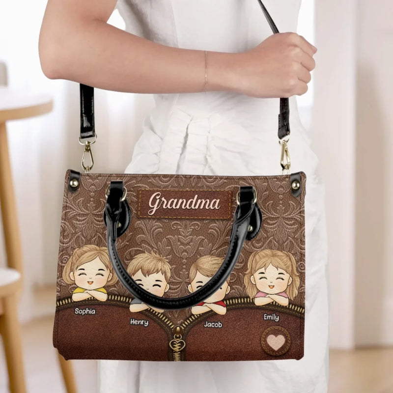 Grandma’s World In One Bag - Family Personalized Custom Leather Handbag - Mother's Day, Gift For Mom, Grandma