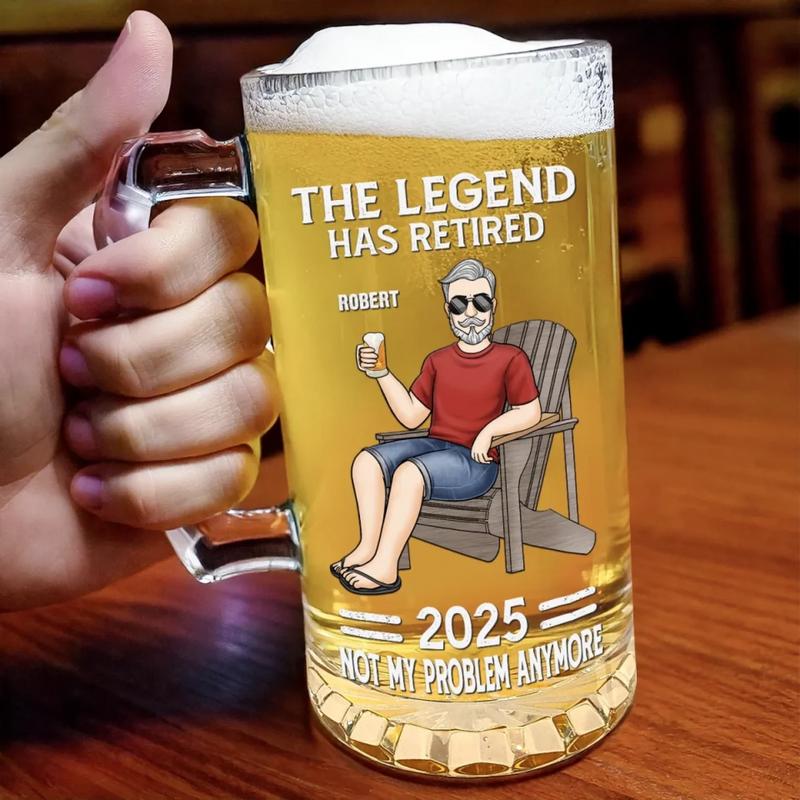 The Legend Has Retired Not My Problem Anymore - Family Personalized Custom Glass Beer Mug - Father's Day, Gift For Dad, Grandpa