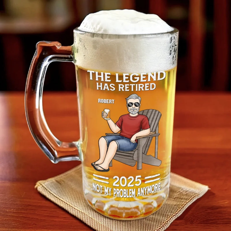 The Legend Has Retired Not My Problem Anymore - Family Personalized Custom Glass Beer Mug - Father's Day, Gift For Dad, Grandpa