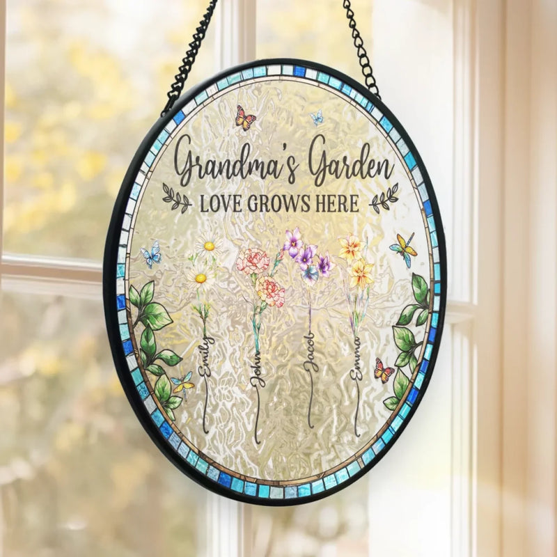 Love Grows In Every Mother’s Heart - Family Personalized Custom Stained Glass Window Hanging Suncatcher - Mother's Day, Gift For Mom, Grandma