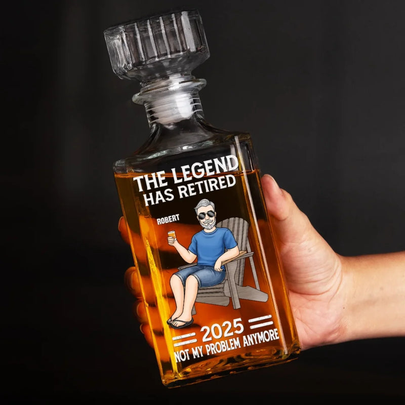 Off The Clock On The Rocks - Family Personalized Custom Glass Whiskey Bottle - Father's Day, Gift For Dad, Grandpa