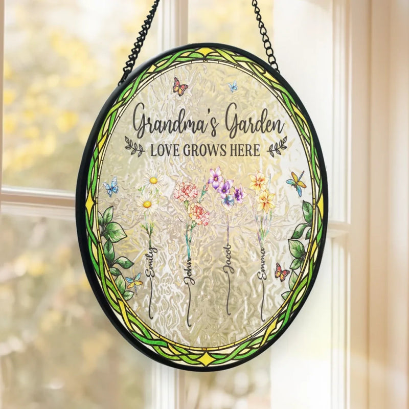 Petals Whisper Her Kindness - Family Personalized Custom Stained Glass Window Hanging Suncatcher - Mother's Day, Gift For Mom, Grandma