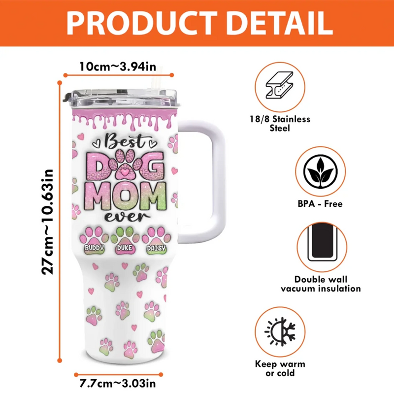 Heart Full Of Love, Hands Full Of Paws - Dog Personalized Custom 3D Inflated Effect Printed 40 Oz Stainless Steel Tumbler With Handle - Gift For Pet Owners, Pet Lovers